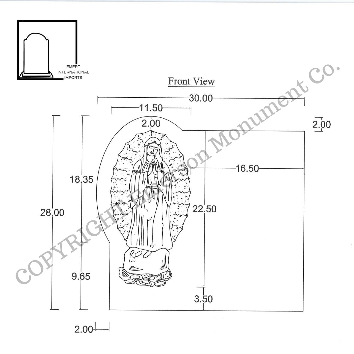 Emert International Monument Wholesaler Lady Guadalupe Copyrighted Technical Drawing