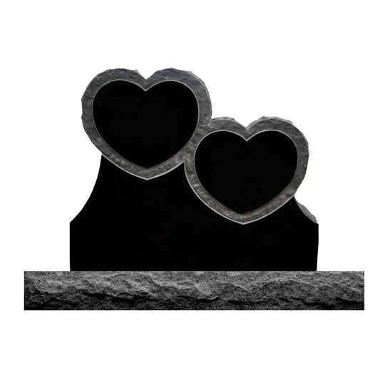 Emert International Monument Wholesaler Black Granite Rustic Stacked Hearts With Shell Rock Border and Base