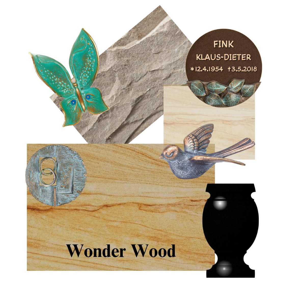Emert International Monument Wholesaler Wonder Wood Stone sample with various textures, black granite vase, and bronze adornments